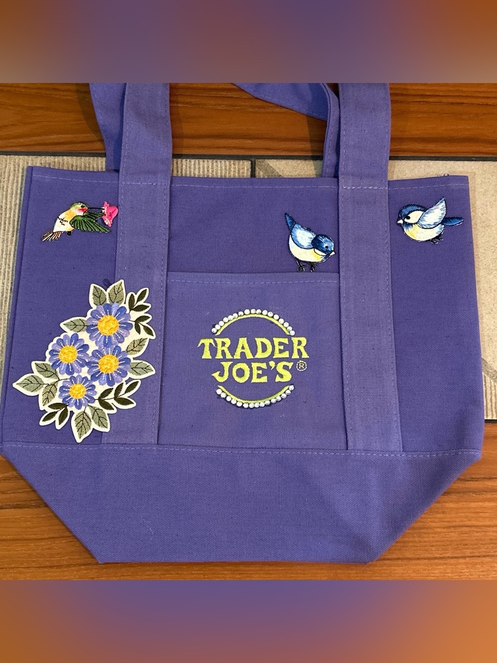 Upcycled Trader Joe's Purple Tote Bag with Bird & Floral Embroidered Patches